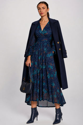 Long Sleeve Maxi Mesh Dress, Navy Floral