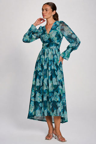 Long Sleeve Maxi Mesh Dress, Teal Floral