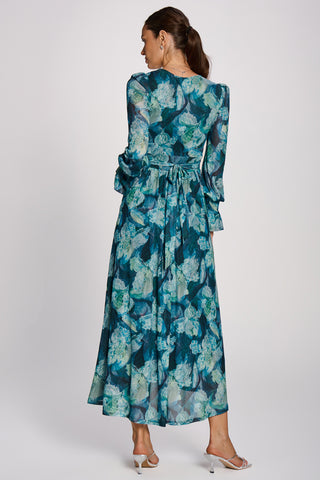 Long Sleeve Maxi Mesh Dress, Teal Floral