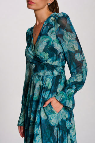 Long Sleeve Maxi Mesh Dress, Teal Floral