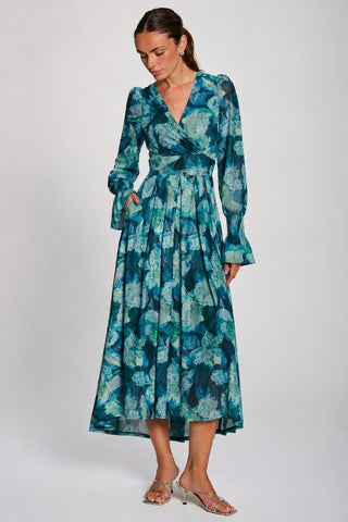Long Sleeve Maxi Mesh Dress, Teal Floral