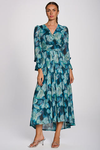 Long Sleeve Maxi Mesh Dress, Teal Floral
