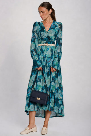 Long Sleeve Maxi Mesh Dress, Teal Floral