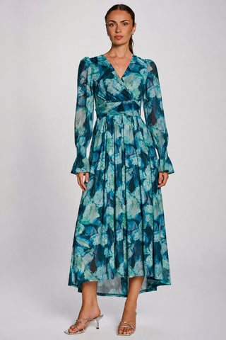 Long Sleeve Maxi Mesh Dress, Teal Floral