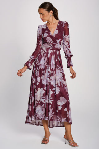 Long Sleeve Maxi  Mesh Dress, Purple Floral