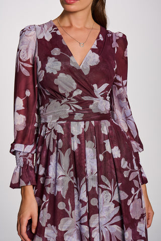 Long Sleeve Maxi  Mesh Dress, Purple Floral