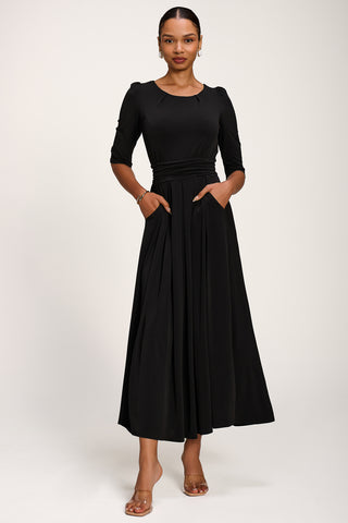 3/4 Sleeve Plain Jersey Maxi Dress, Black