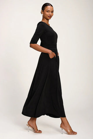 3/4 Sleeve Plain Jersey Maxi Dress, Black