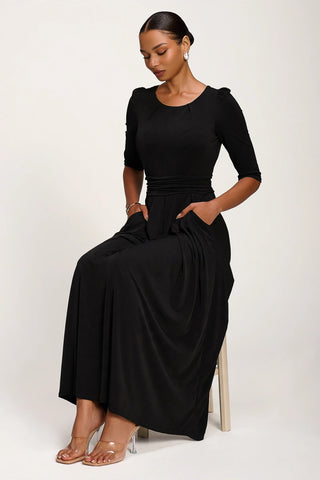 3/4 Sleeve Plain Jersey Maxi Dress, Black