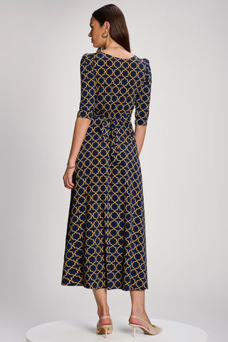 3/4 Sleeve Printed Jersey Maxi Dress, Navy Geo