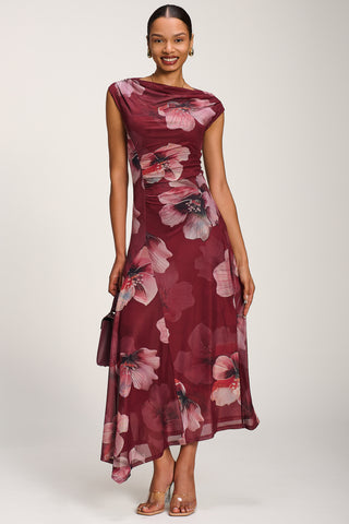 Asymmetric Draped Mesh Maxi Dress, Burgundy Floral