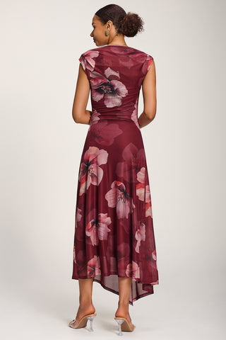 Asymmetric Draped Mesh Maxi Dress, Burgundy Floral