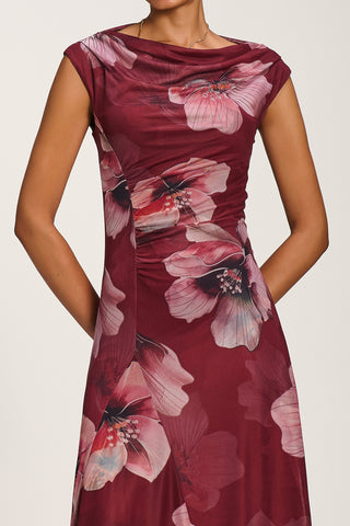 Asymmetric Draped Mesh Maxi Dress, Burgundy Floral