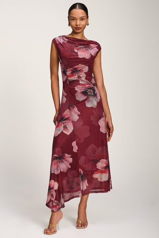 Asymmetric Draped Mesh Maxi Dress, Burgundy Floral