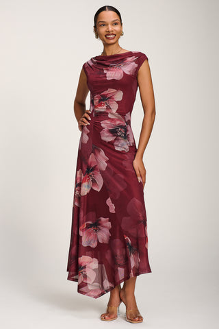 Asymmetric Draped Mesh Maxi Dress, Burgundy Floral