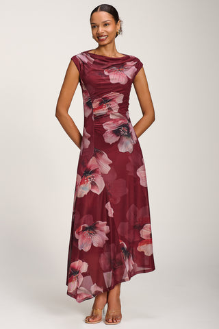 Asymmetric Draped Mesh Maxi Dress, Burgundy Floral