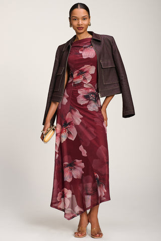 Asymmetric Draped Mesh Maxi Dress, Burgundy Floral
