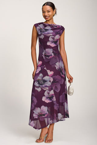 Asymmetric Draped Mesh Maxi Dress, Purple Floral