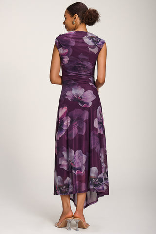 Asymmetric Draped Mesh Maxi Dress, Purple Floral