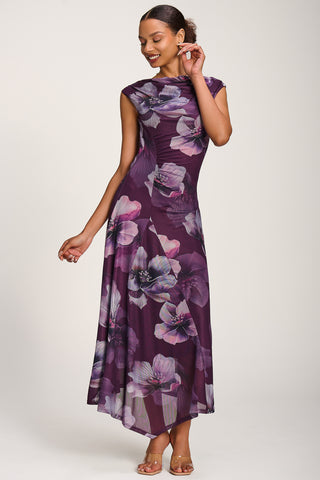 Asymmetric Draped Mesh Maxi Dress, Purple Floral