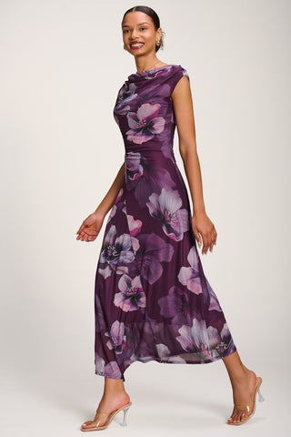 Asymmetric Draped Mesh Maxi Dress, Purple Floral