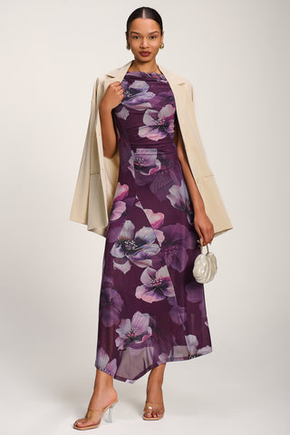 Asymmetric Draped Mesh Maxi Dress, Purple Floral