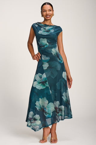 Asymmetric Draped Mesh Maxi Dress, Teal Floral
