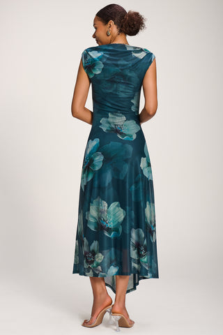 Asymmetric Draped Mesh Maxi Dress, Teal Floral