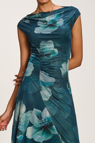 Asymmetric Draped Mesh Maxi Dress, Teal Floral
