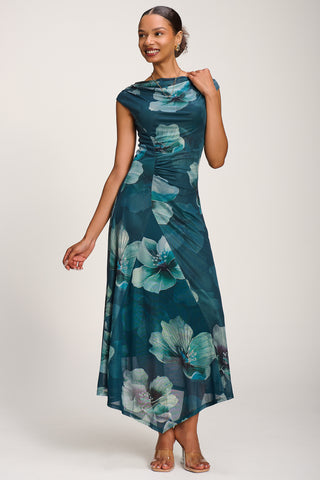 Asymmetric Draped Mesh Maxi Dress, Teal Floral