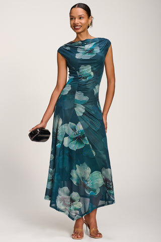 Asymmetric Draped Mesh Maxi Dress, Teal Floral
