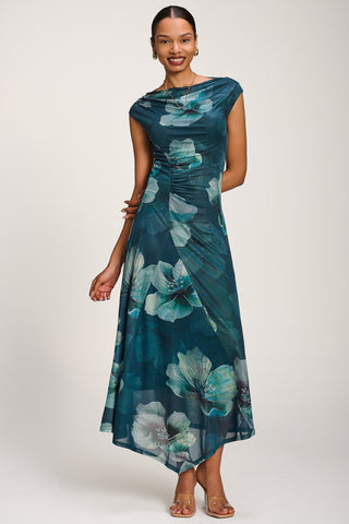 Asymmetric Draped Mesh Maxi Dress, Teal Floral
