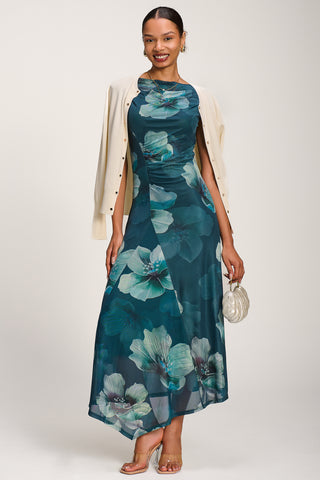 Asymmetric Draped Mesh Maxi Dress, Teal Floral