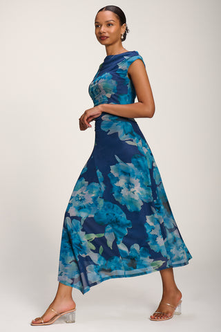 Asymmetric Draped Mesh Midaxi Dress, Blue Floral