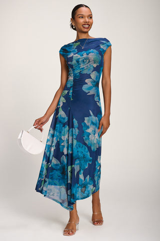 Asymmetric Draped Mesh Midaxi Dress, Blue Floral