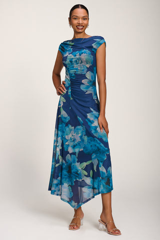 Asymmetric Draped Mesh Midaxi Dress, Blue Floral
