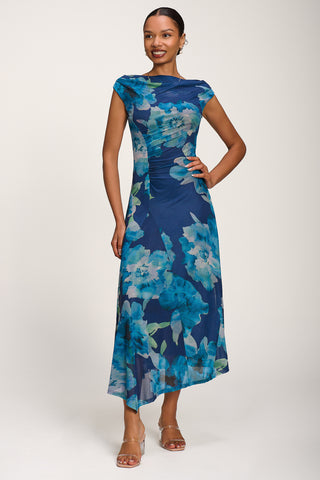 Asymmetric Draped Mesh Midaxi Dress, Blue Floral