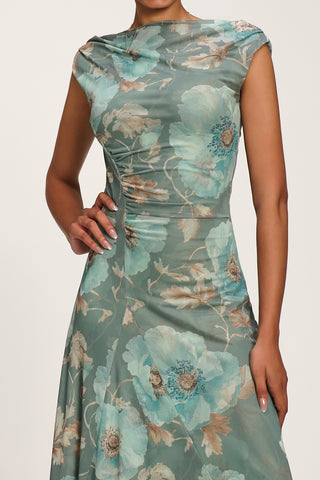 Asymmetric Draped Mesh Midaxi Dress, Green Floral