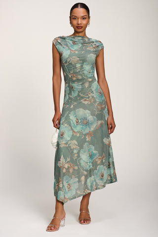 Asymmetric Draped Mesh Midaxi Dress, Green Floral