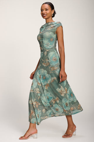 Asymmetric Draped Mesh Midaxi Dress, Green Floral