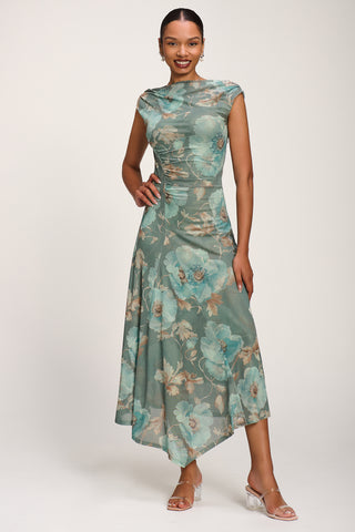 Asymmetric Draped Mesh Midaxi Dress, Green Floral