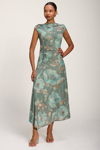 Asymmetric Draped Mesh Midaxi Dress, Green Floral