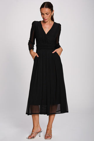 Mesh Long Sleeve Pleated Maxi Dress, Black