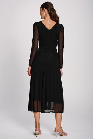 Mesh Long Sleeve Pleated Maxi Dress, Black