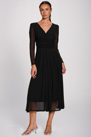 Mesh Long Sleeve Pleated Maxi Dress, Black