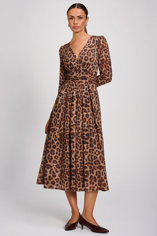 Mesh Long Sleeve Pleated Maxi Dress , Brown Animal
