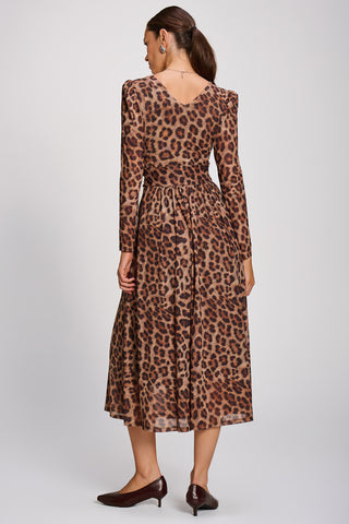 Mesh Long Sleeve Pleated Maxi Dress , Brown Animal