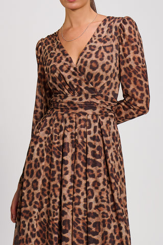 Mesh Long Sleeve Pleated Maxi Dress , Brown Animal