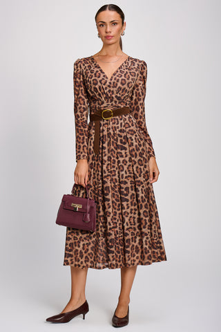 Mesh Long Sleeve Pleated Maxi Dress , Brown Animal