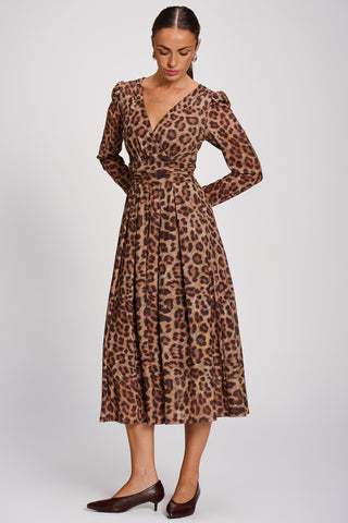 Mesh Long Sleeve Pleated Maxi Dress , Brown Animal